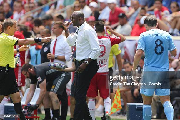 Coach Patrick Vieira argues with referee Mark Geiger during a water break before being sent off during the New York Red Bulls Vs New York City FC MLS...