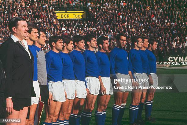 The Italian national football team line up on the pitch prior to their international match with Switzerland at Stadio Amsicora in Cagliari, Italy on...