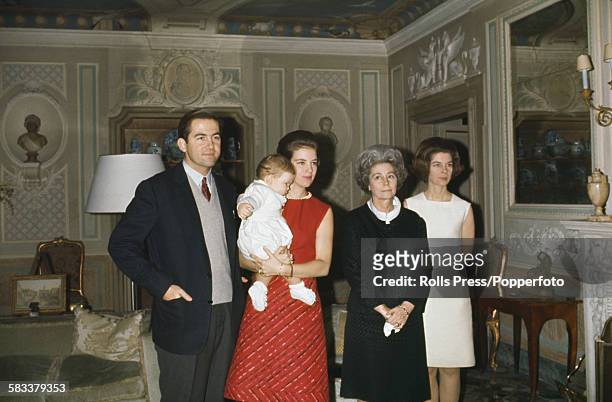 King Constantine II of Greece pictured left with his family in exile in Rome, Italy in December 1967. From left to right: Constantine II of Greece,...