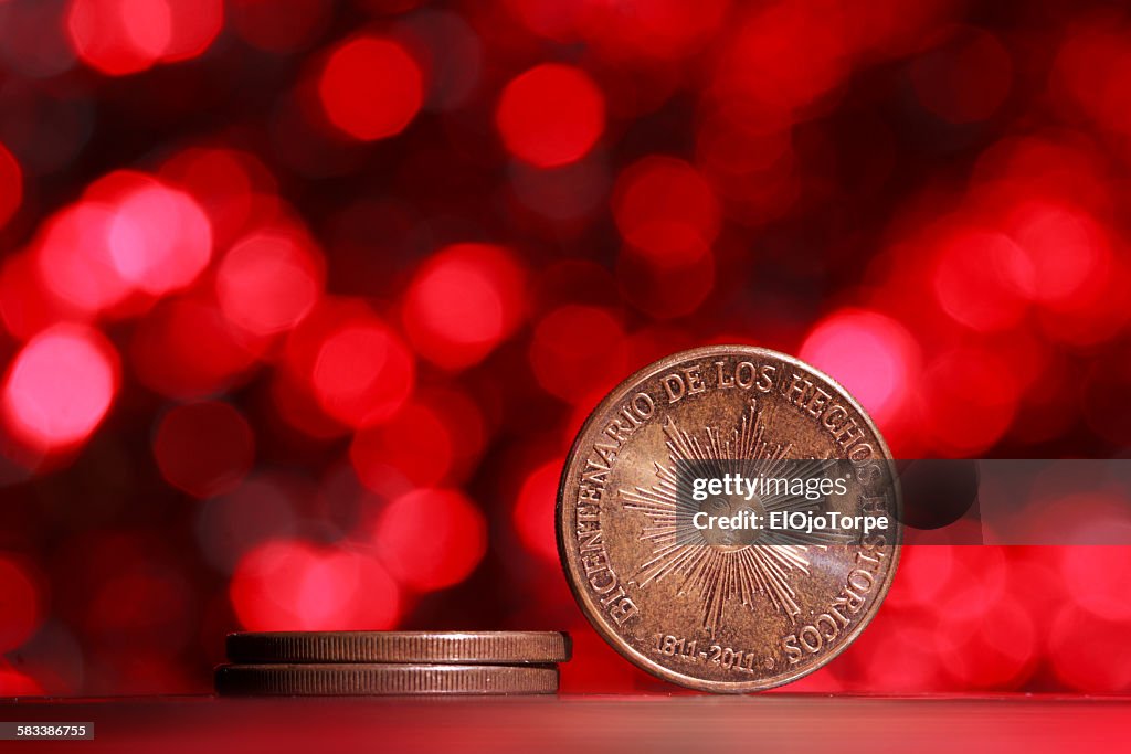 Close-up of uruguayan coin, bokeh background