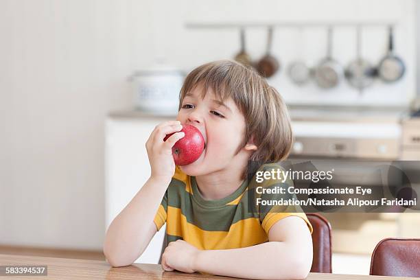 boy eating apple in kitchen - eat apple stock pictures, royalty-free photos & images