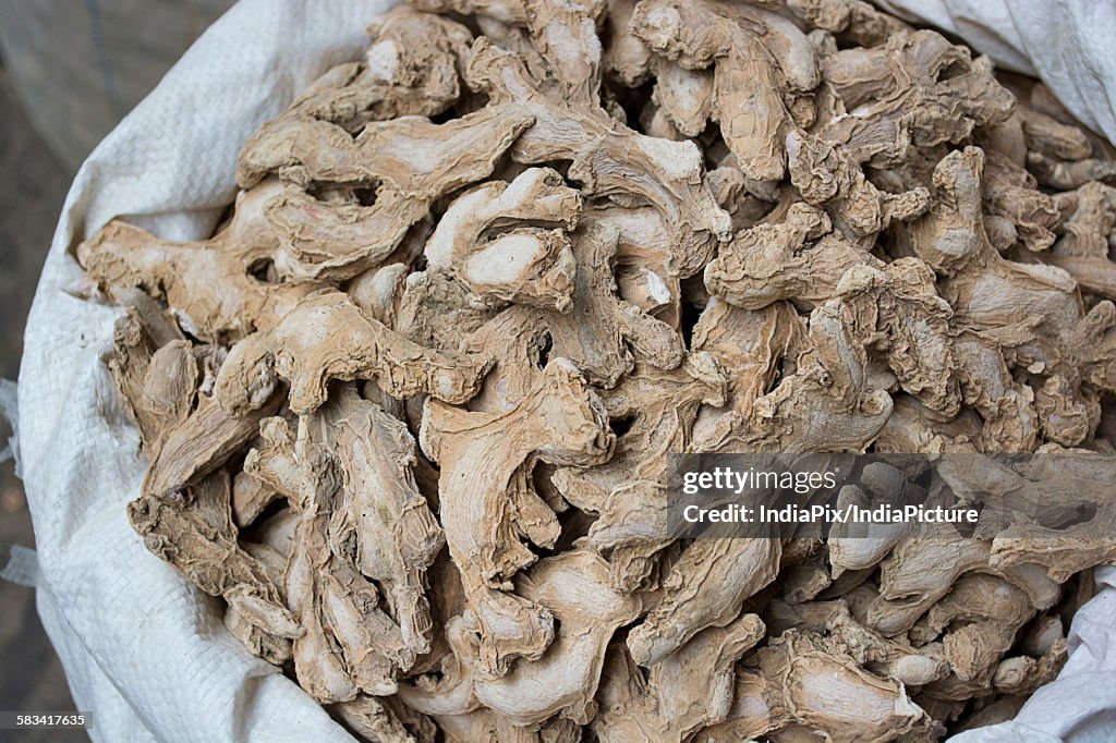 Sack of dried ginger for sale at the market