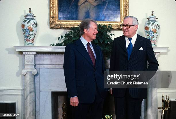 American President Jimmy Carter, left, stands with British Prime Minister James Callaghan in the Oval Office, Washington, DC, March 1978.