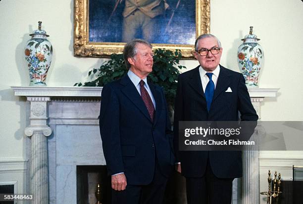 American President Jimmy Carter, left, stands with British Prime Minister James Callaghan in the Oval Office, Washington, DC, March 1978.