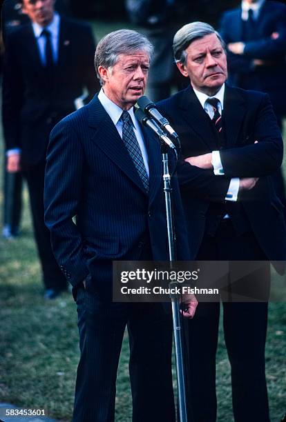 President Jimmy Carter, left, with German Chancellor Helmut Schmidt at the White House, Washington, DC, March 1980.