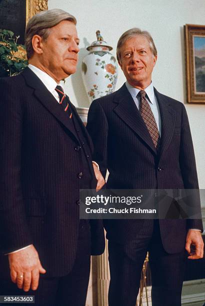 German Chancellor Helmut Schmidt, left, and American President Jimmy Carter, right, in the Oval Office at the White House, Washington, DC, March 1980.