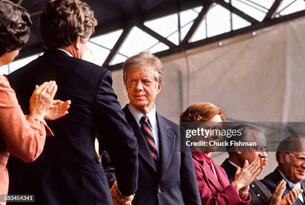 President Jimmy Carter attends the dedication ceremony for the John F. Kennedy Presidential Library and Museum in Boston, Massachusetts, October 1979.