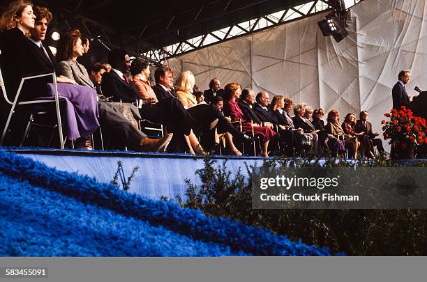 President Jimmy Carter addresses the crowd from the podium at the dedication ceremony for the John F. Kennedy Presidential Library and Museum in...
