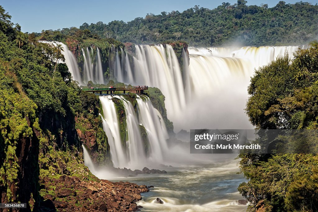 Devil's Throat, garganta del diablo, cataract at Iguazu Falls and walkway on the Brazil side seen from Argentina side