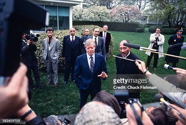 President Jimmy Carter speaks to the press alongside Egyptian President Anwar Sadat, at the White House, Washington, DC, 1977.