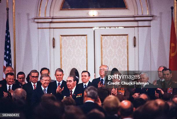 General view of the historic signing of the SALT II agreement with United States President Jimmy Carter and Russian Communist Party General Secretary...