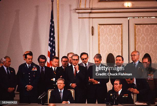 General view of the historic signing of the SALT II agreement with United States President Jimmy Carter and Russian Communist Party General Secretary...