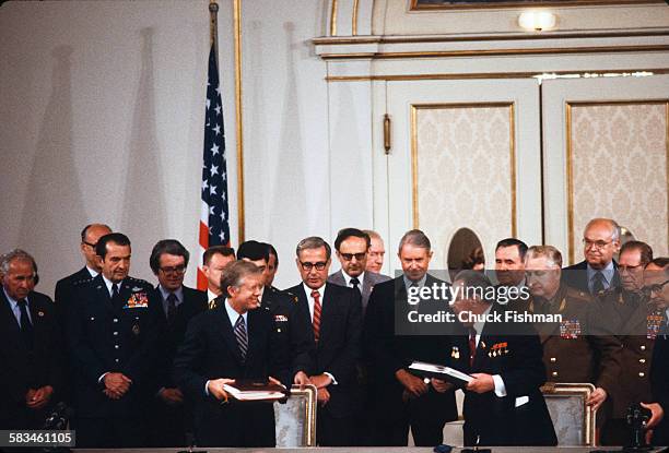 General view of the historic signing of the SALT II agreement with United States President Jimmy Carter and Russian Communist Party General Secretary...