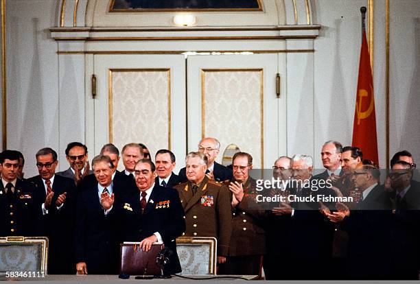 General view of the historic signing of the SALT II agreement with United States President Jimmy Carter and Russian Communist Party General Secretary...