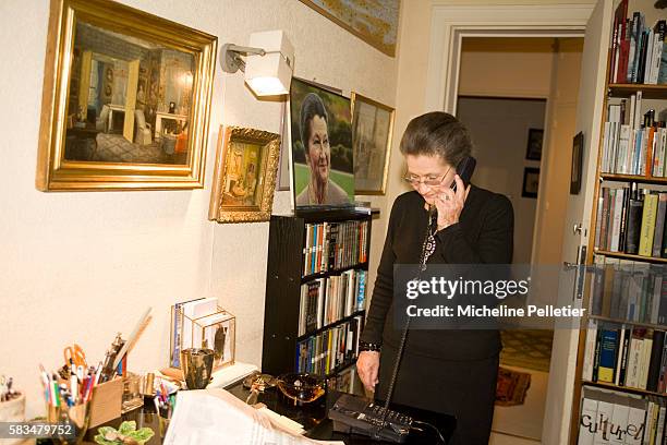 Simone Veil receives a phone call from the Academie Francaise announcing her election. Simone Veil, former State Minister and president of the...