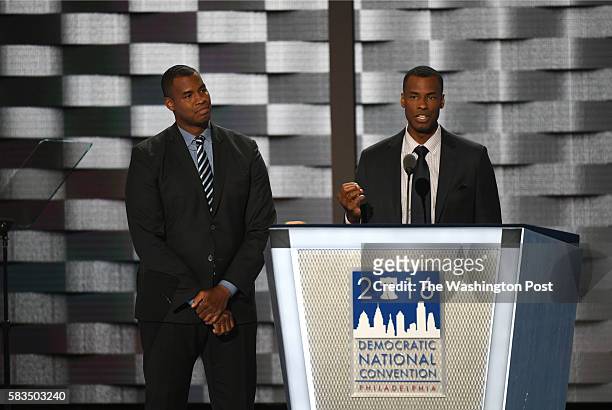 Basketball player Barron Collins introduces his twin brother Jason Collins, the first openly gay NBA player, during the first day of the Democratic...