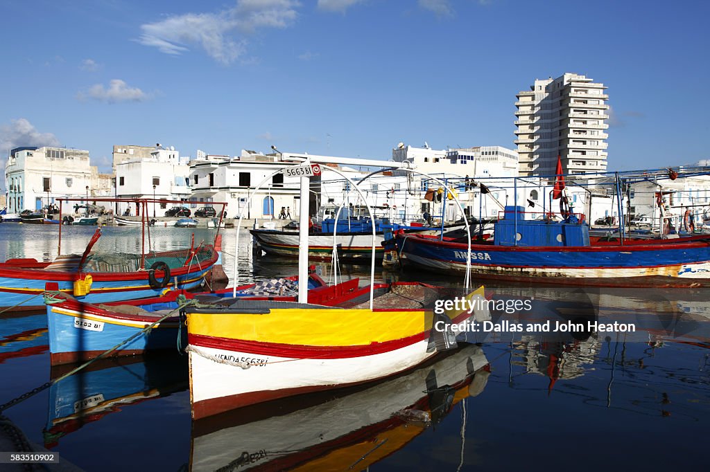 Africa, Tunisia, Bizerte, Old Port Canal, Fishing Boats in the Harbor