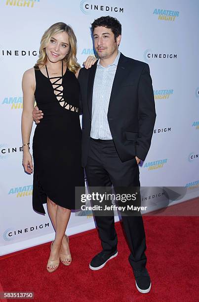 Actors Jenny Mollen and Jason Biggs attend the premiere of Cinedigm's 'Amateur Night' at ArcLight Cinemas on July 25, 2016 in Hollywood, California.