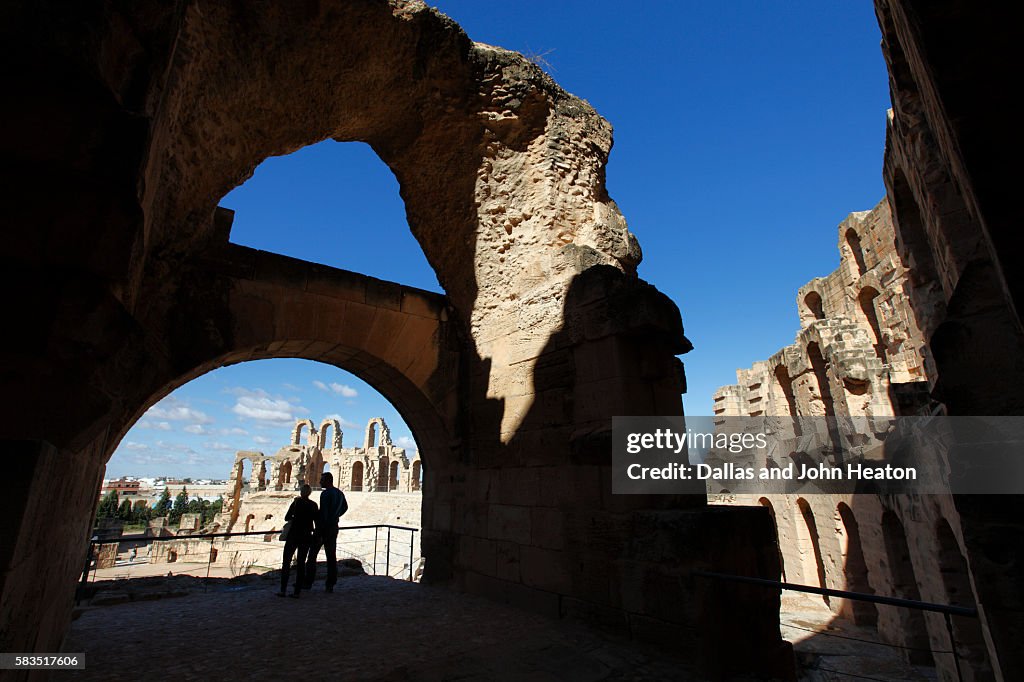 Africa, Tunisia, El Djem, Ancient Thysdrus, Roman Ruins, Colosseum, Amphitheatre Interior, Couple Sightseeing