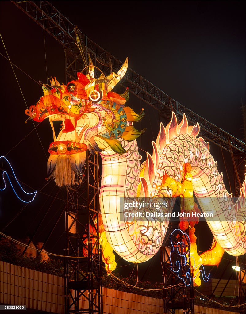 Illuminated Chinese Dragon on New Year's Eve, Hong Kong, China