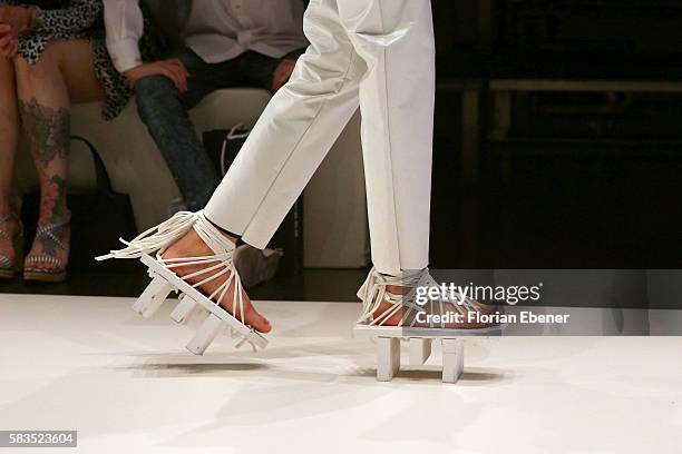 Model, shoe detail, walks the runway at the 3D Fashion Presented By Lexus show during Platform Fashion July 2016 at Areal Boehler on July 23, 2016 in...