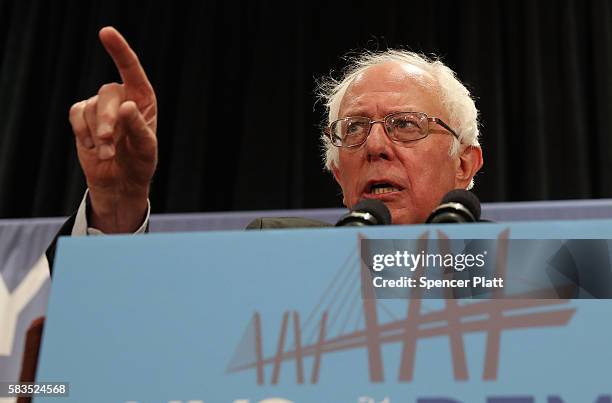 Senator Bernie Sanders addresses the New York delegation at the Democratic National Convention on July 26, 2016 in Philadelphia, Pennsylvania. The...