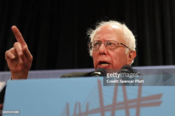 Senator Bernie Sanders addresses the New York delegation at the Democratic National Convention on July 26, 2016 in Philadelphia, Pennsylvania. The...