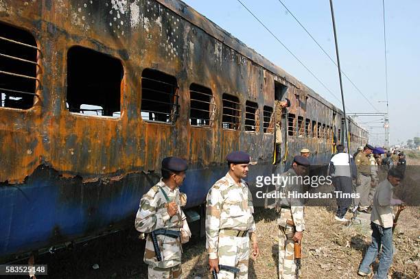 Burnt boggies of Delhi-Atari train which caught fire after the blast at Diwana in Panipat. Samjhauta Express, a twice-weekly train service connecting...