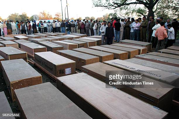 Empty coffin boxes placed out side the mortuary in panipat civil hospital for 66 passengers who died in Delhi-Atari train which caught fire after the...