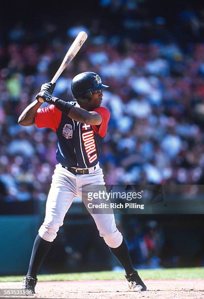 Alfonso Soriano of the World Team bats during the Futures Game at Fenway Park on Sunday, July 11, 1999.