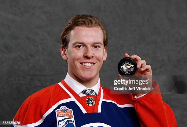 Tyler Benson poses for a portrait after being selected 32nd overall by the Edmonton Oilers during the 2016 NHL Draft at First Niagara Center on June...