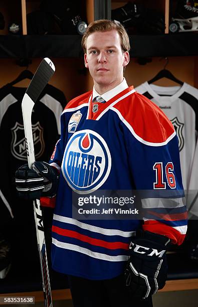 Tyler Benson poses for a portrait after being selected 32nd overall by the Edmonton Oilers during the 2016 NHL Draft at First Niagara Center on June...