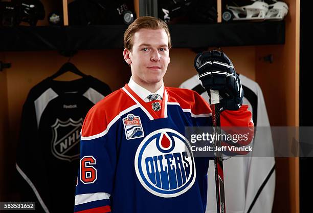 Tyler Benson poses for a portrait after being selected 32nd overall by the Edmonton Oilers during the 2016 NHL Draft at First Niagara Center on June...