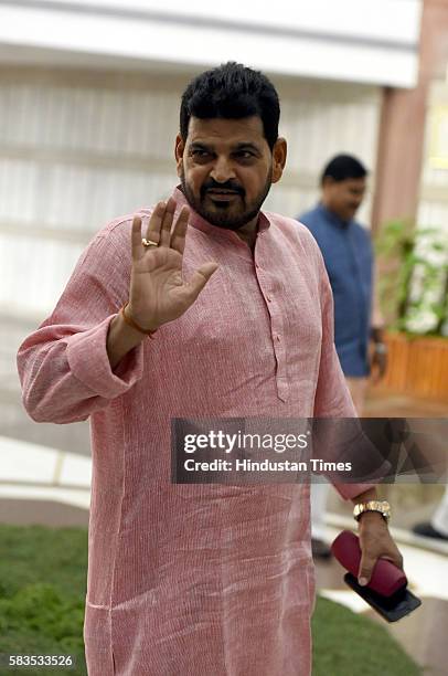 President of Wrestling Federation of India and Lok Sabha MP from Kaiserganj Brij Bhushan Sharan Singh arrives for the BJP Parliamentary Party Meeting...