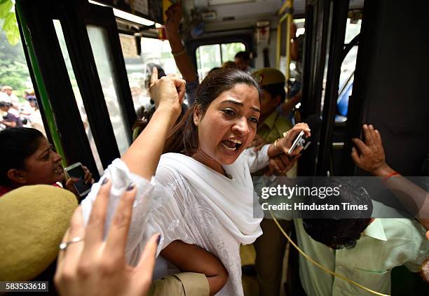 Leader Alka Lamba during the protest against Home Minister Rajnath Singh outside his residence on July 26, 2016 in New Delhi, India.