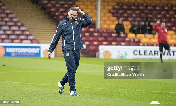 Edinburgh, SCOTLAND James McFadden newley appointed Motherwell assistant manager during the pre match warm up before the BETFRED Cup First Round...