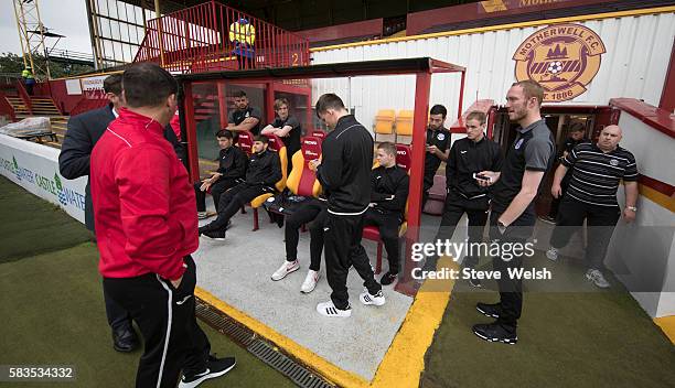 East Stirlingshire Players arrive early at Fir Park Motherwell before the BETFRED Cup First Round Group F Match between Motherwell and East...