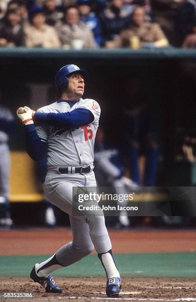 Playoffs: Los Angeles Dodgers Rick Monday in action, at bat, hitting game winning home run vs Montreal Expos at Olympic Stadium. Game 5. Montreal,...