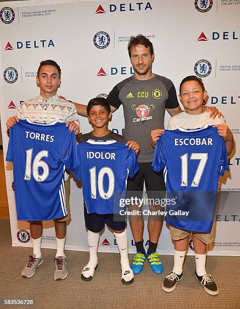 Chelsea Football Club's Carlo Cudicini and Children's Hospital Los Angeles patients Jacob Torres, Alex Idolor and Christopher Escobar join Delta Air...