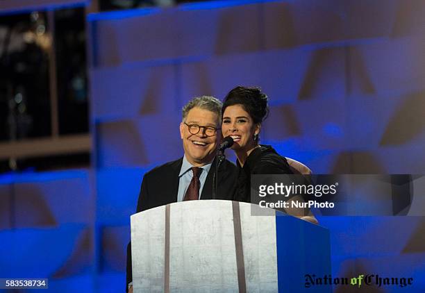Comedian/actress Sarah Silverman speaks during the first day of the Democratic National Convention at the Wells Fargo Center, July 25, 2016 in...