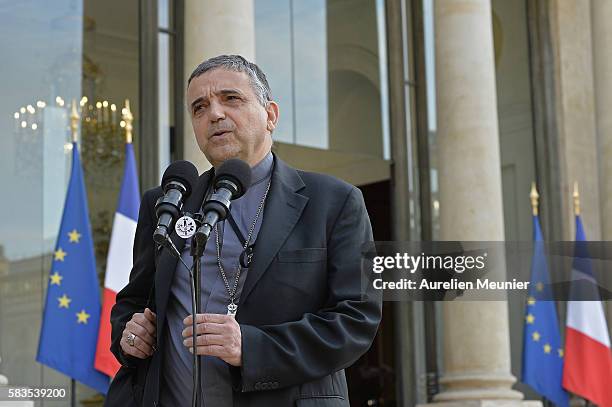 The Archbishop of Rouen Dominique Lebrun addresses the press after a meeting with french President Francois Hollqnde at Elysee Palace on July 26,...