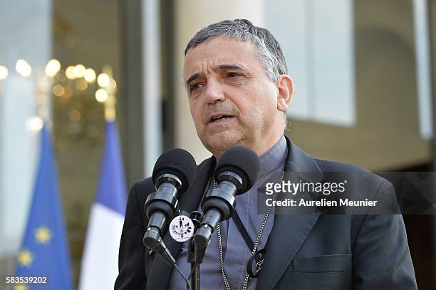 The Archbishop of Rouen Dominique Lebrun addresses the press after a meeting with french President Francois Hollqnde at Elysee Palace on July 26,...