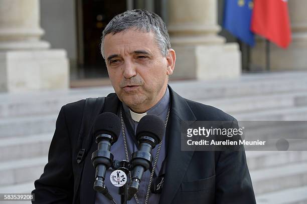 The Archbishop of Rouen Dominique Lebrun addresses the press after a meeting with french President Francois Hollqnde at Elysee Palace on July 26,...