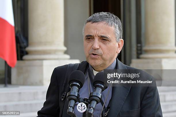 The Archbishop of Rouen Dominique Lebrun addresses the press after a meeting with french President Francois Hollqnde at Elysee Palace on July 26,...