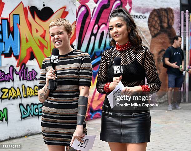 News Correspondents, Meredith Graves and Gaby Wilson speak at the mural unveiled announcing the 2016 MTV Video Music Awards nominations in First...