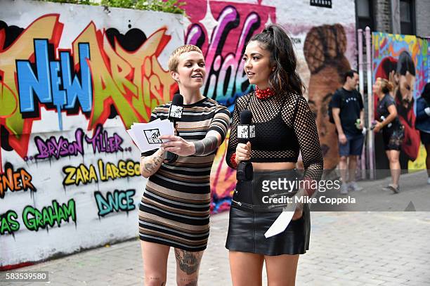 News Correspondents, Meredith Graves and Gaby Wilson speak at the Mural unveiled announcing the 2016 MTV Video Music Awards nominations in First...