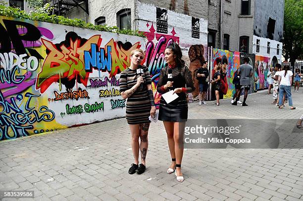 News Correspondents, Meredith Graves and Gaby Wilson speak at the mural unveiled announcing the 2016 MTV Video Music Awards nominations in First...