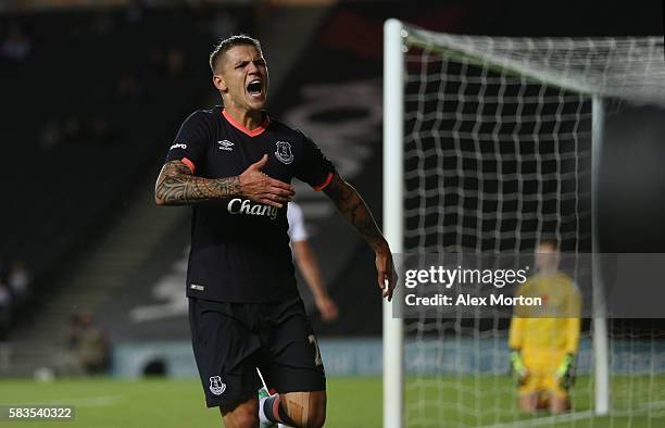 Muhamed Besic of Everton celebrates after scoring the third goal during the pre-season friendly match between MK Dons and Everton at Stadium mk on...