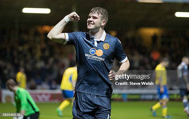 Chris Cadden of Motherwell celebrate's Motherwell's 3rd goal during the BETFRED Cup First Round Group F Match between Motherwell and East...