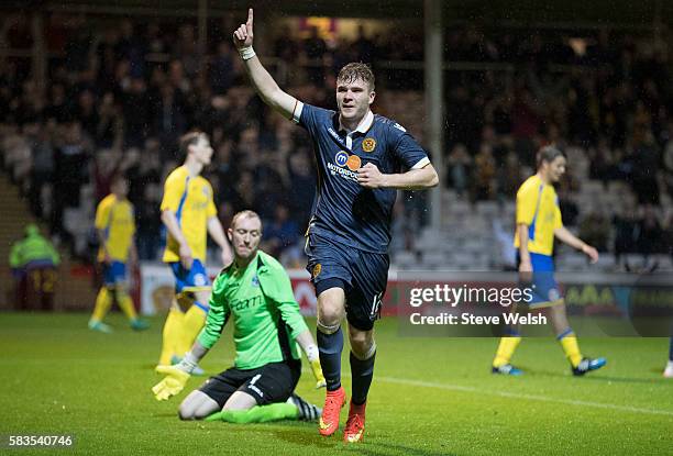 Chris Cadden of Motherwell celebrate's Motherwell's 3rd goal during the BETFRED Cup First Round Group F Match between Motherwell and East...